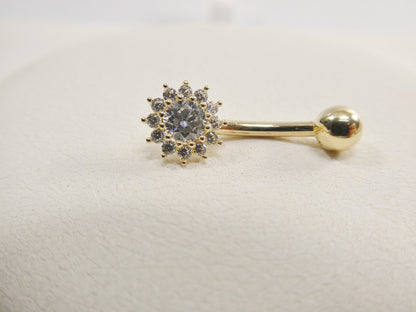 14k Real Solid Yellow Gold Flower Belly Button Ring piercing