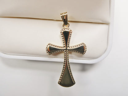 14k Real Solid Yellow Gold Super High Polish Cross Pendent and Robe Necklace