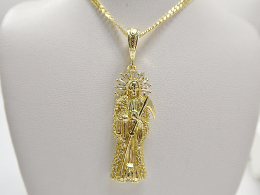 real 925 sterling silver 18 inch flat chain and santa muerte pendent charm14k yellow gold finish