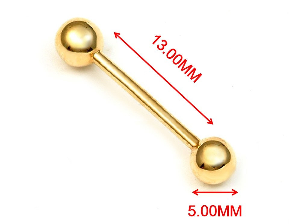14k real solid yellow gold 13MM straight barbell tongue belly button ring piercing
