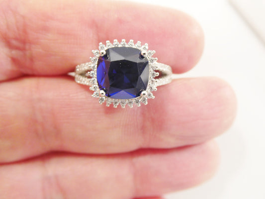 real 925 sterling silver square blue stone color ladies ring