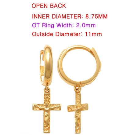 Real 10k Solid Yellow Gold Cross Dropping Hoop Huggie Earrings