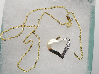 14k Real Solid Yellow Gold Two Tone Heart Pendent and Robe Necklace