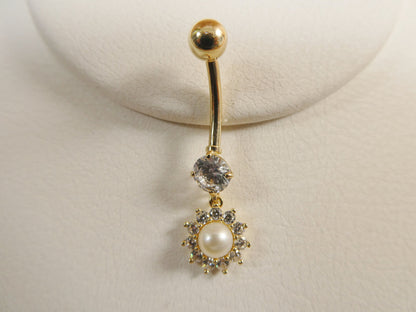 14k Real Solid Yellow Gold Dangling Freshwater Real Pearl Belly Button Ring Piercing