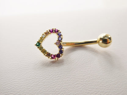 14k Real Solid Yellow Gold Rainbow Heart Belly Button Ring Piercing