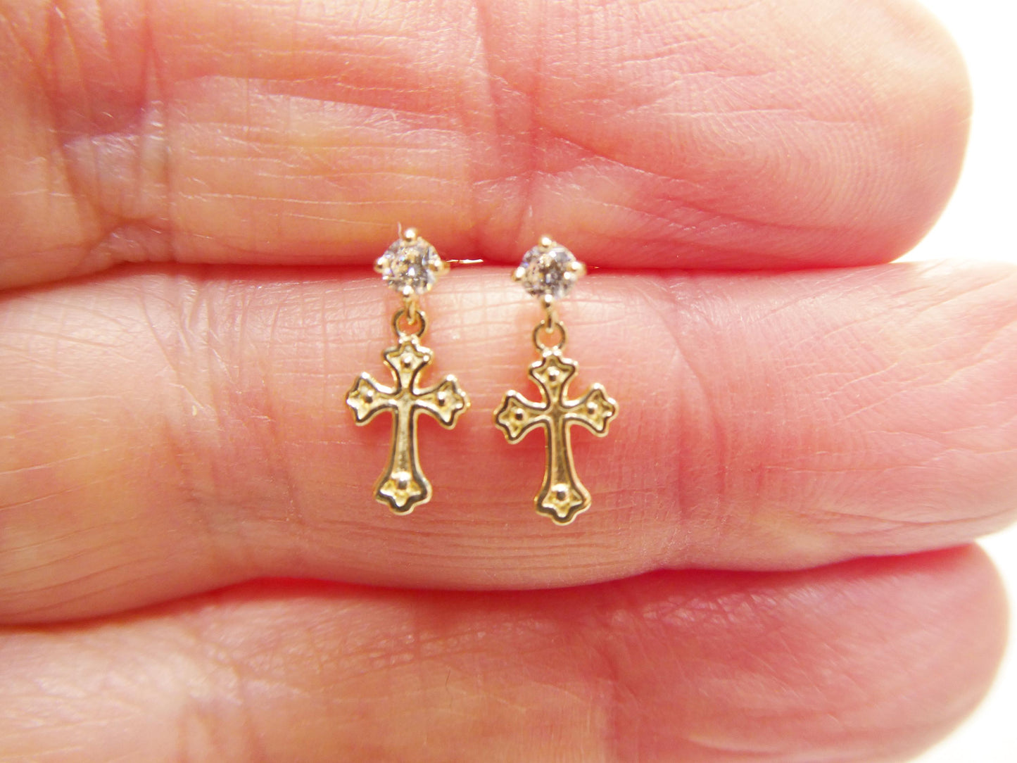 real 10k solid yellow gold cross dropping push post earrings