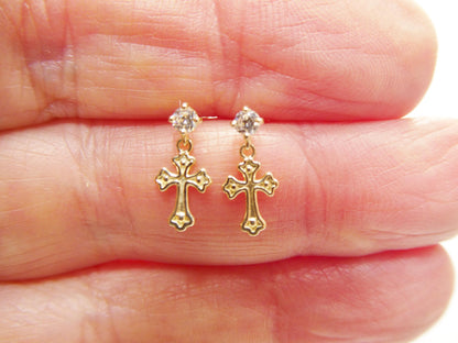 Real 10k Solid Yellow Gold Cross Dropping Push Post Earrings