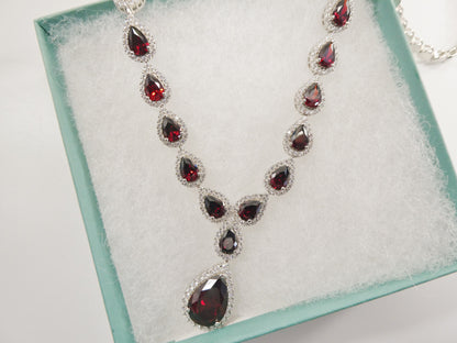 Real 925 Sterling Silver Teardrop Red Garnet Women Necklace