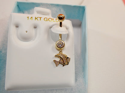 14k Real Solid Yellow Gold Fish Dangling Belly Button Ring Piercing
