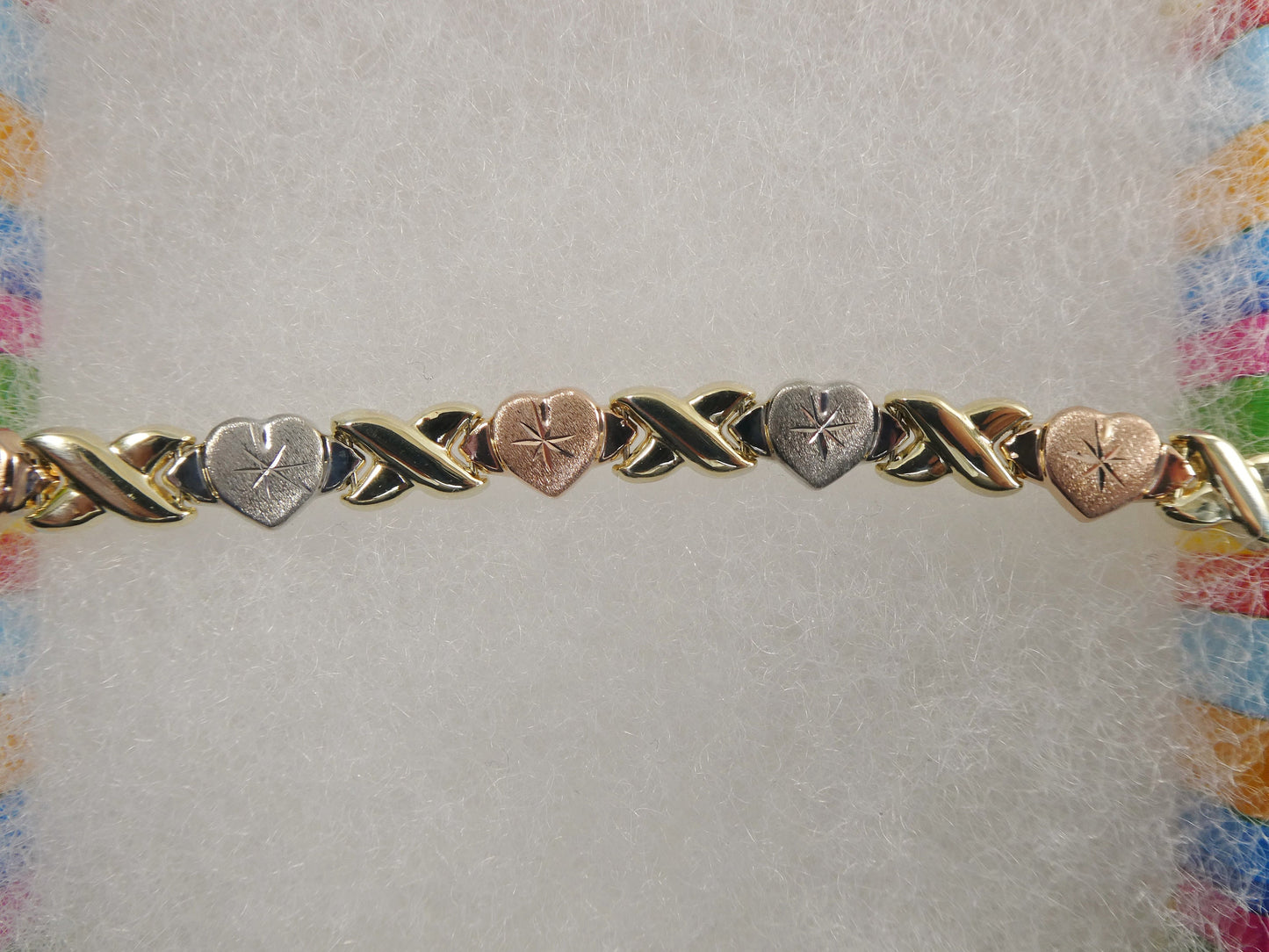 real 10k solid yellow gold xo heart hugs and kisses tri color stampato bracelet