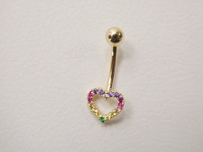 14k Real Solid Yellow Gold Rainbow Heart Belly Button Ring Piercing