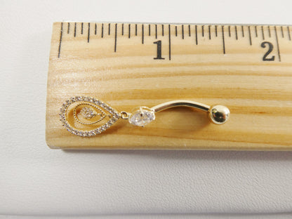 14k Real Solid Yellow Gold Oval Dangling Belly Button Ring Piercing