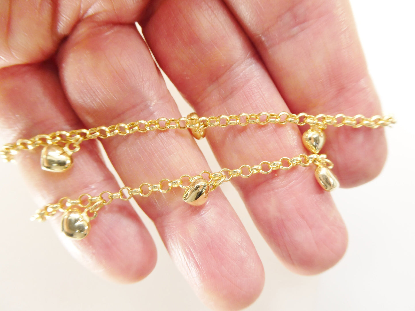 real 10k solid yellow gold 5.5/ 6.5 inch children/women heart dangling cable bracelet