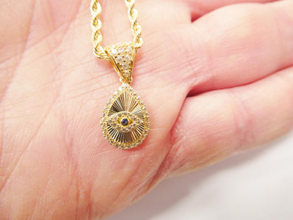 10k Real Solid Yellow Gold Evil Eye Pendent and Rope Necklace