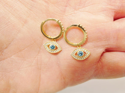 Real 10k Solid Yellow Gold Evil Eye Drop Hoop Huggie Earrings