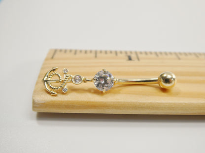 14k Real Solid Yellow Gold Anchor Dangling Belly Button Ring Piercing