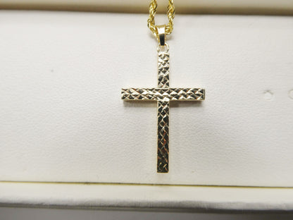 14k Real Solid Yellow Gold Diamond Cut Cross Pendent and Robe Necklace