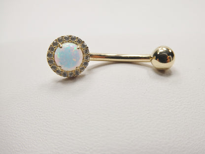 14k Real Solid Yellow Gold Circle Opal Belly Button Ring Piercing