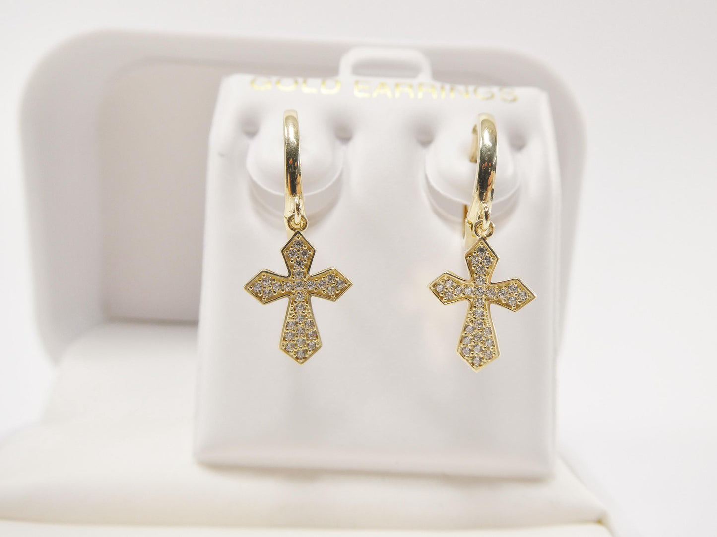 real 10k solid yellow gold cross dropping hoop huggie earring