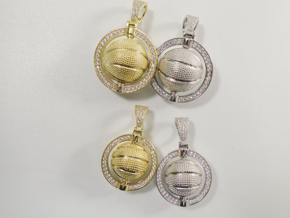 Real 925 Sterling Silver Basket Ball Charm Pendent 14k Yellow Gold Finish