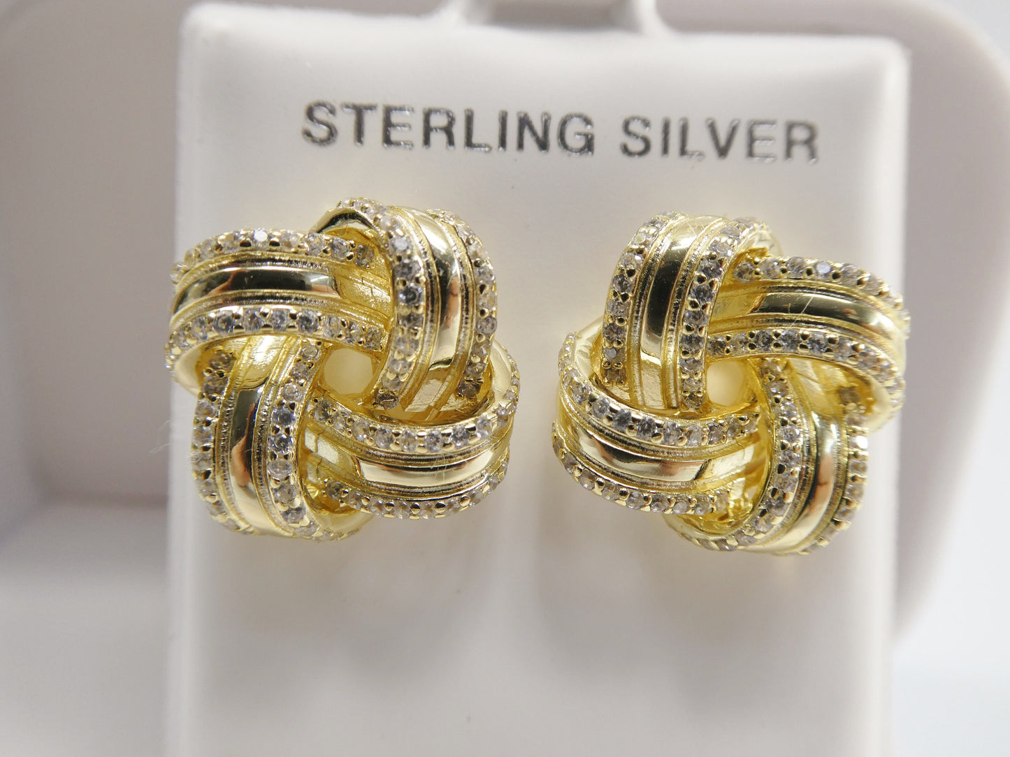 real 925 sterling silver love knot style14k yellow gold color finish push post earrings