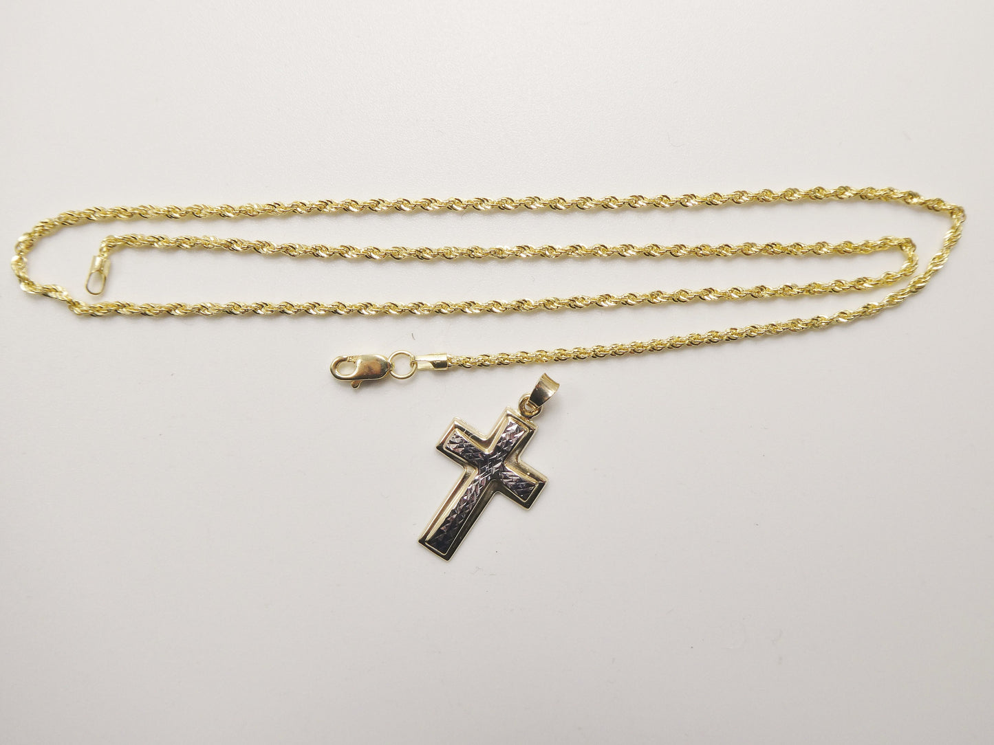 14k real solid yellow gold two tone cross pendent and robe necklace