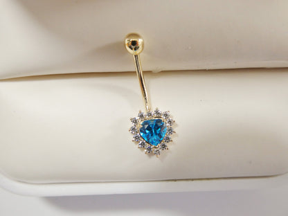 14k Real Solid Yellow Gold Color Stone Heart Belly Button Ring Piercing