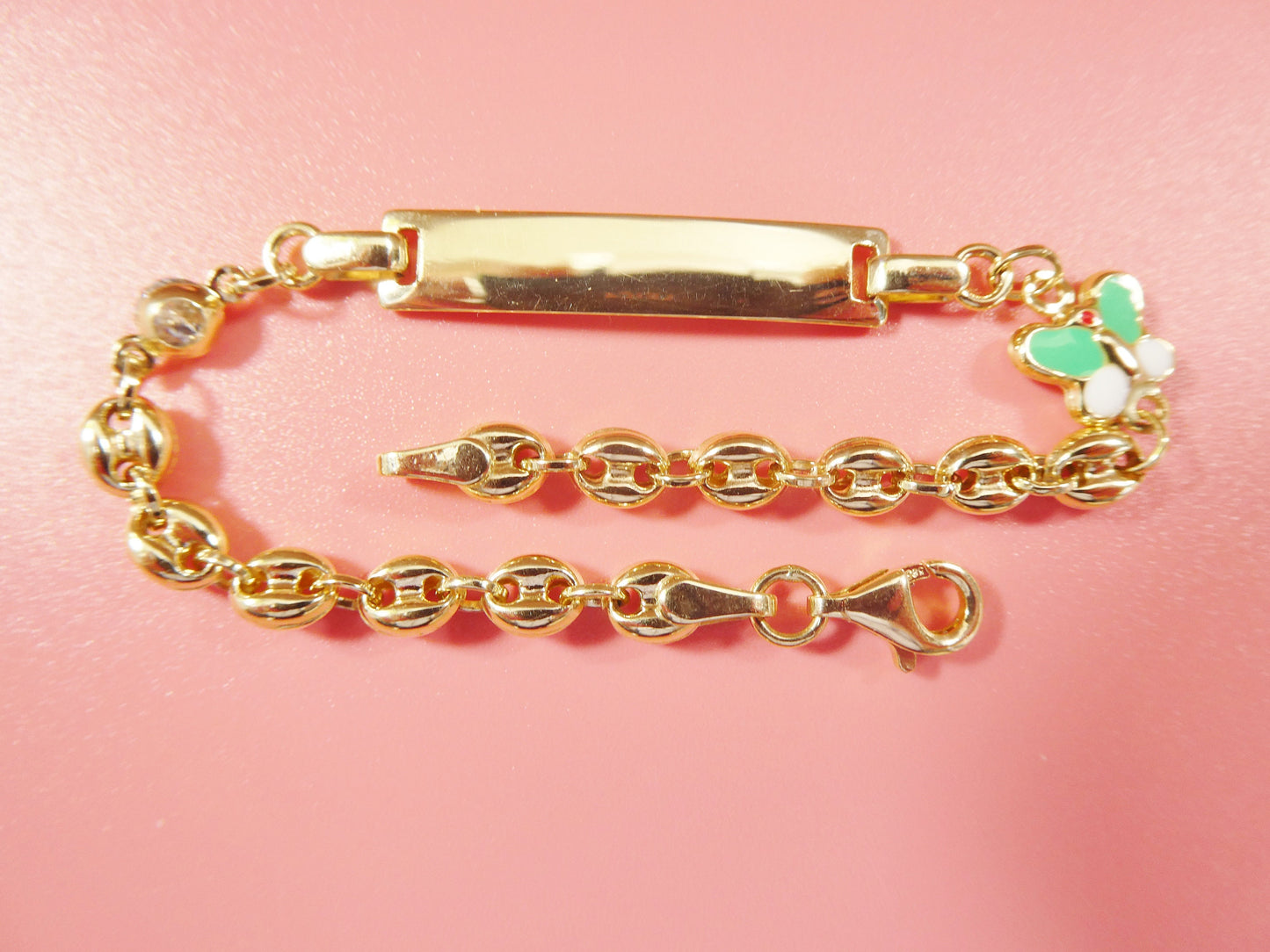 14k Yellow Gold Baby ID Bracelet: Enamel Butterfly Mariner Chain