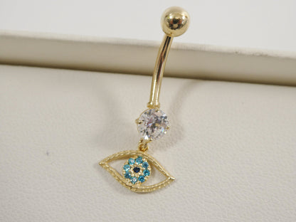 14k Real Solid Yellow Gold Evil Eye Dangling Belly Button Ring Piercing
