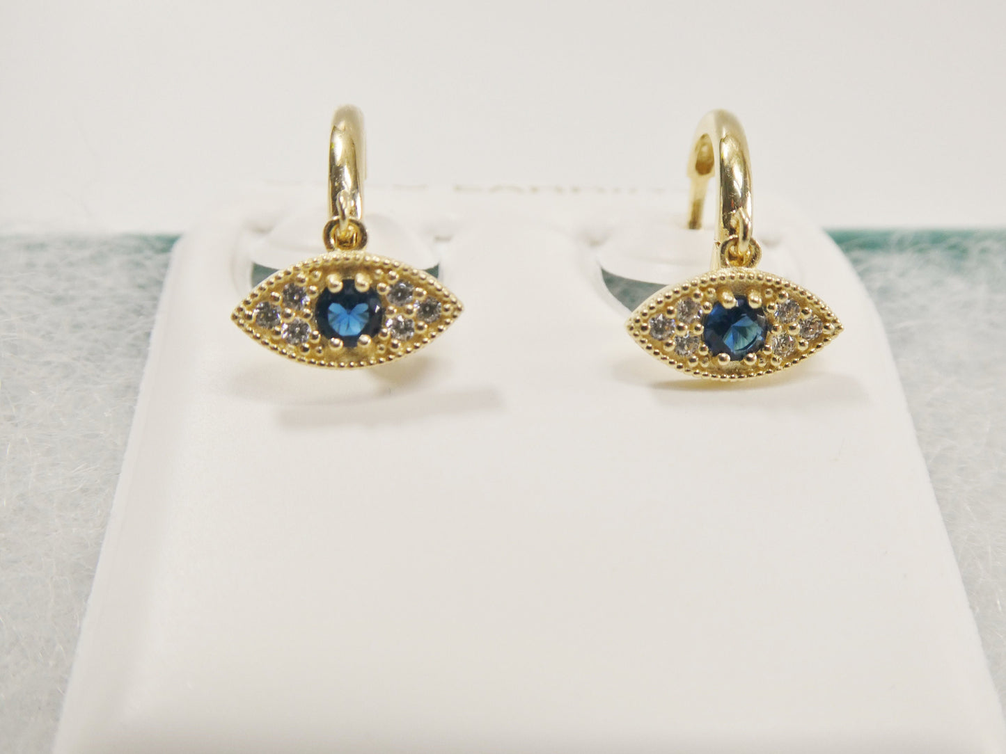 10k real yellow gold sapphire blue stone evil eye dropping plain huggie earrings