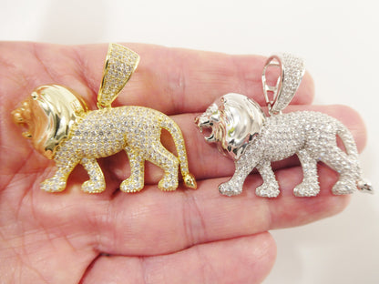 Real 925 Sterling Silver Full Stone Setting Large Lion Pendent