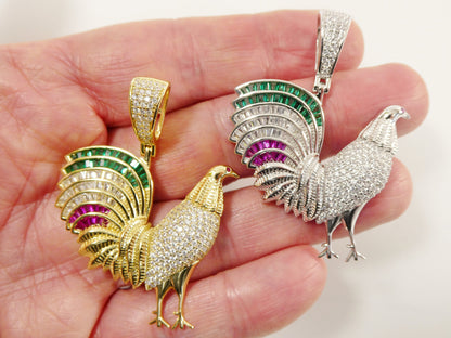 Real 925 Sterling Silver Colorfully Large Rooster Pendent