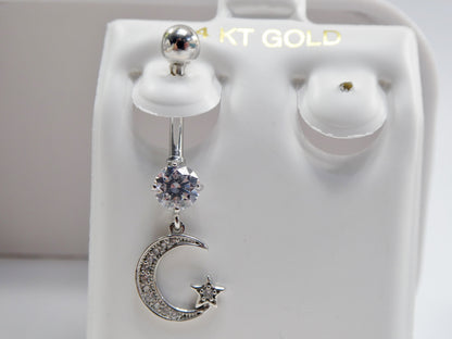 14k Real Solid Yellow Gold Dangling Moon And Star Belly Button Ring Piercing