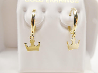 Real 10k Solid Yellow Gold Crown Hoop Huggie Earrings
