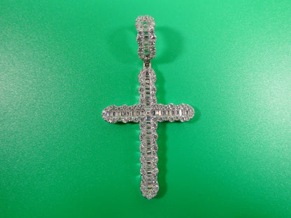 14k White Gold Color Tone Large Cross Charm Pendent Over Real 925 Sterling Silver