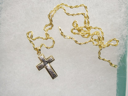 14k Real Solid Yellow Gold Two Tone Cross Pendent and Robe Necklace