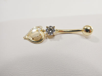 14k Real Solid Yellow Gold Heart Dangling Belly Button Ring Piercing