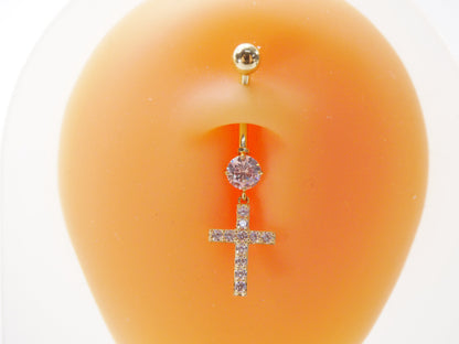 14k Real Solid Yellow Gold Dangling Cross Belly Button Ring Piercing