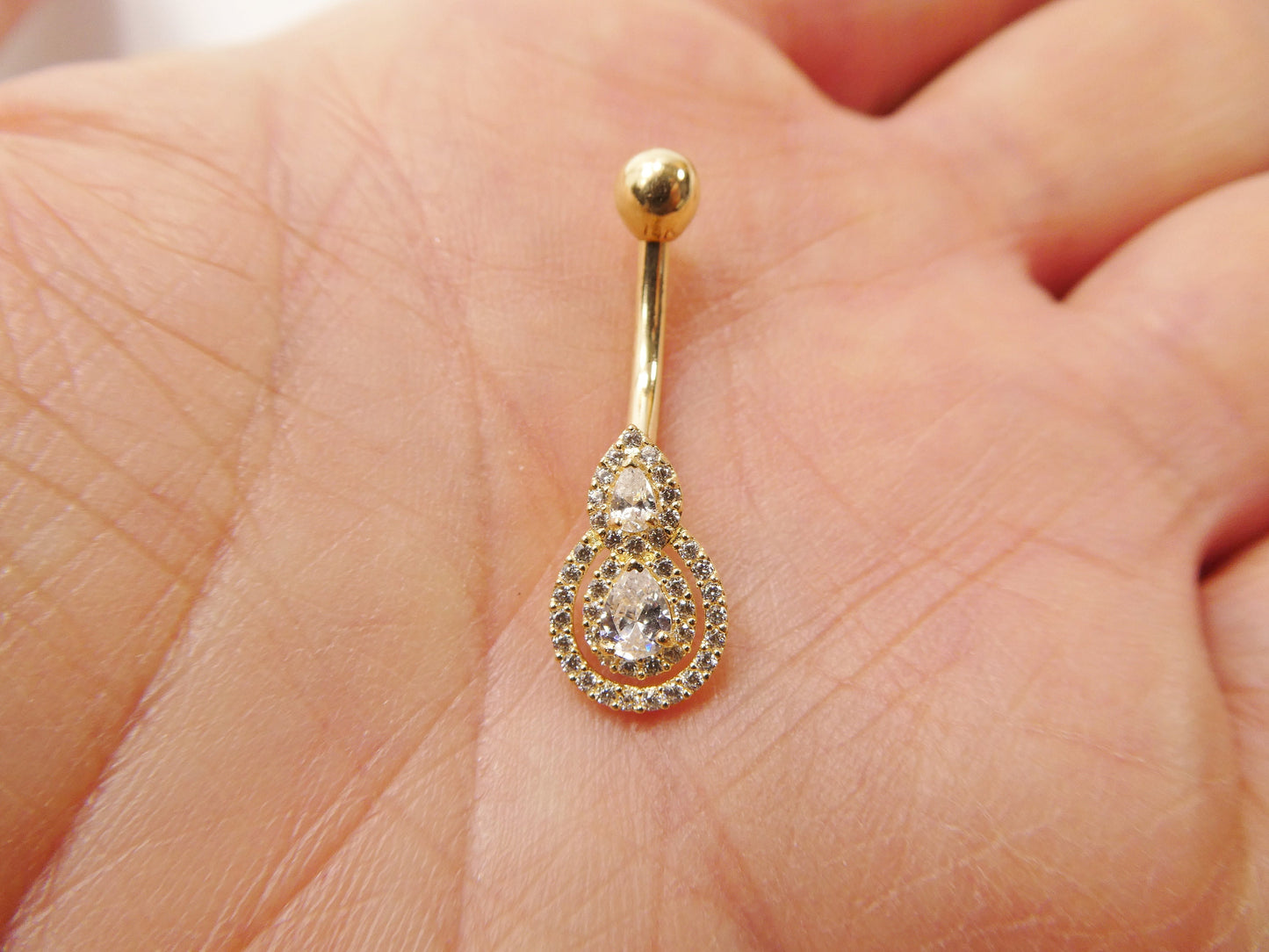 14k real solid yellow gold  teardrop belly button ring piercing