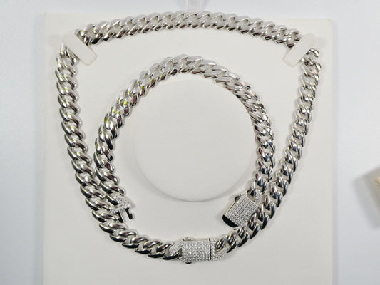 11mm real 925 sterling silver Monaco style bracelet and necklace 14k white gold finish