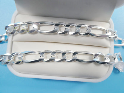 Real 925 Sterling Silver 7.5mm Italian Concave Figaro Solid Chain Lobster Lock Clasp