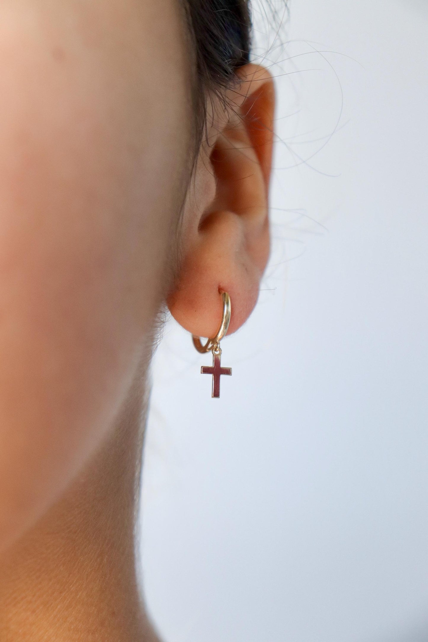 real 10k solid yellow gold cross dropping hoop huggie earring