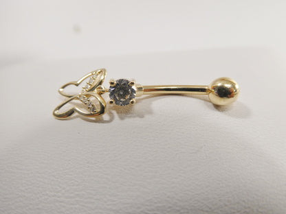 14k Real Solid Yellow Gold Butterfly Dangling Belly Button Ring Piercing