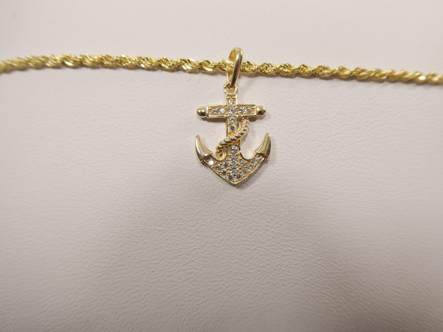 14k real solid yellow gold anchor pendent and rope necklace