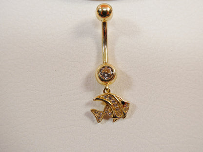 14k Real Solid Yellow Gold Fish Dangling Belly Button Ring Piercing