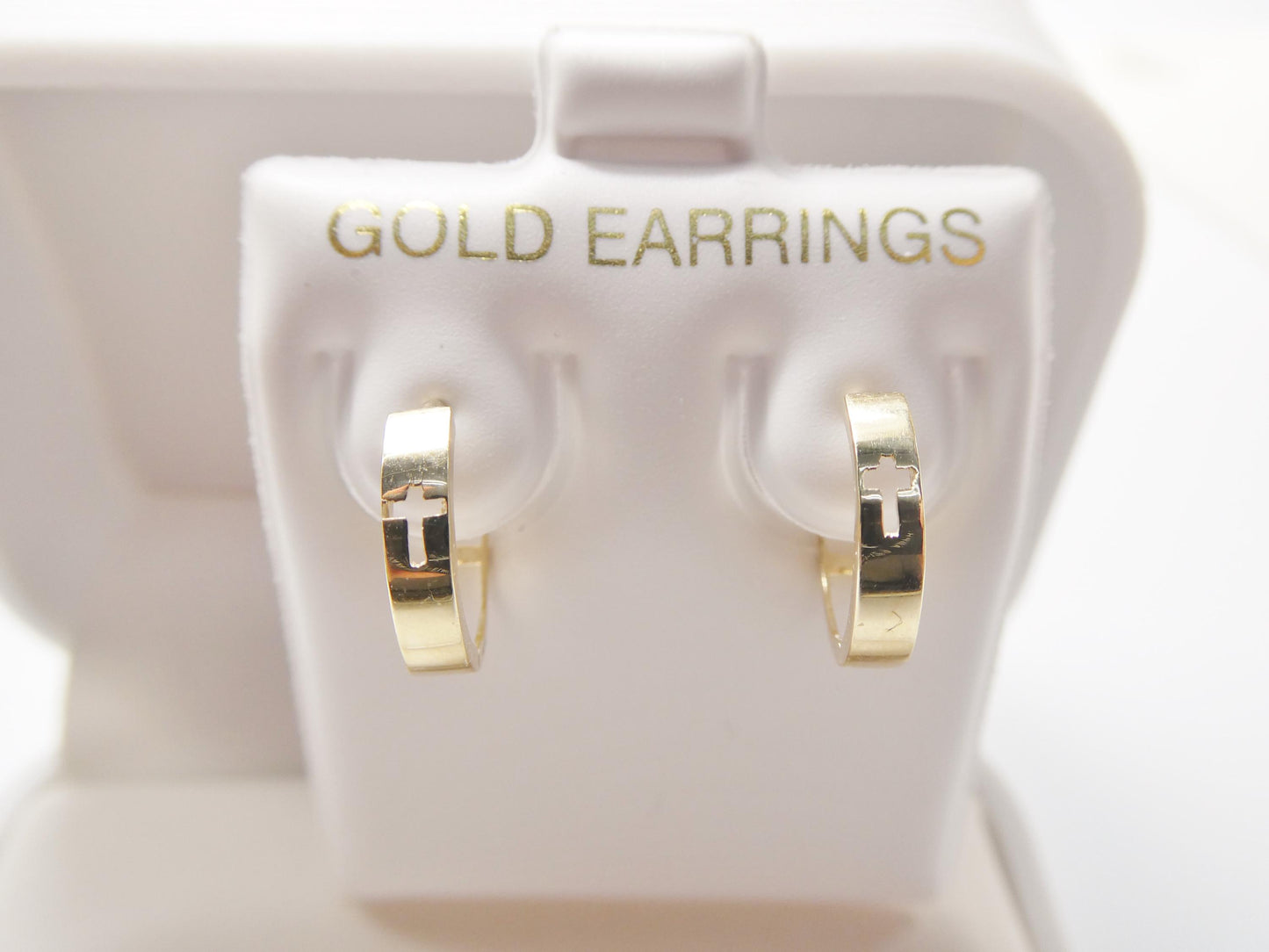 real 10k solid yellow gold cross engraved hoop huggie earring