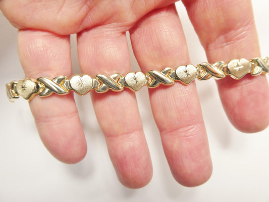 real 10k solid yellow gold xo heart hugs and kisses stampato 6.5 inch bracelet