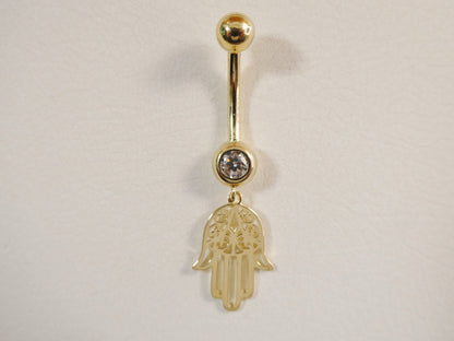14k Real Solid Yellow Gold Dangling Hamsa Hand Belly Button Ring Piercing