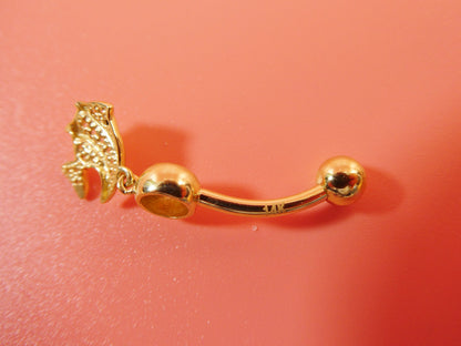 14k Real Solid Yellow Gold Fish Dangling Belly Button Ring Piercing