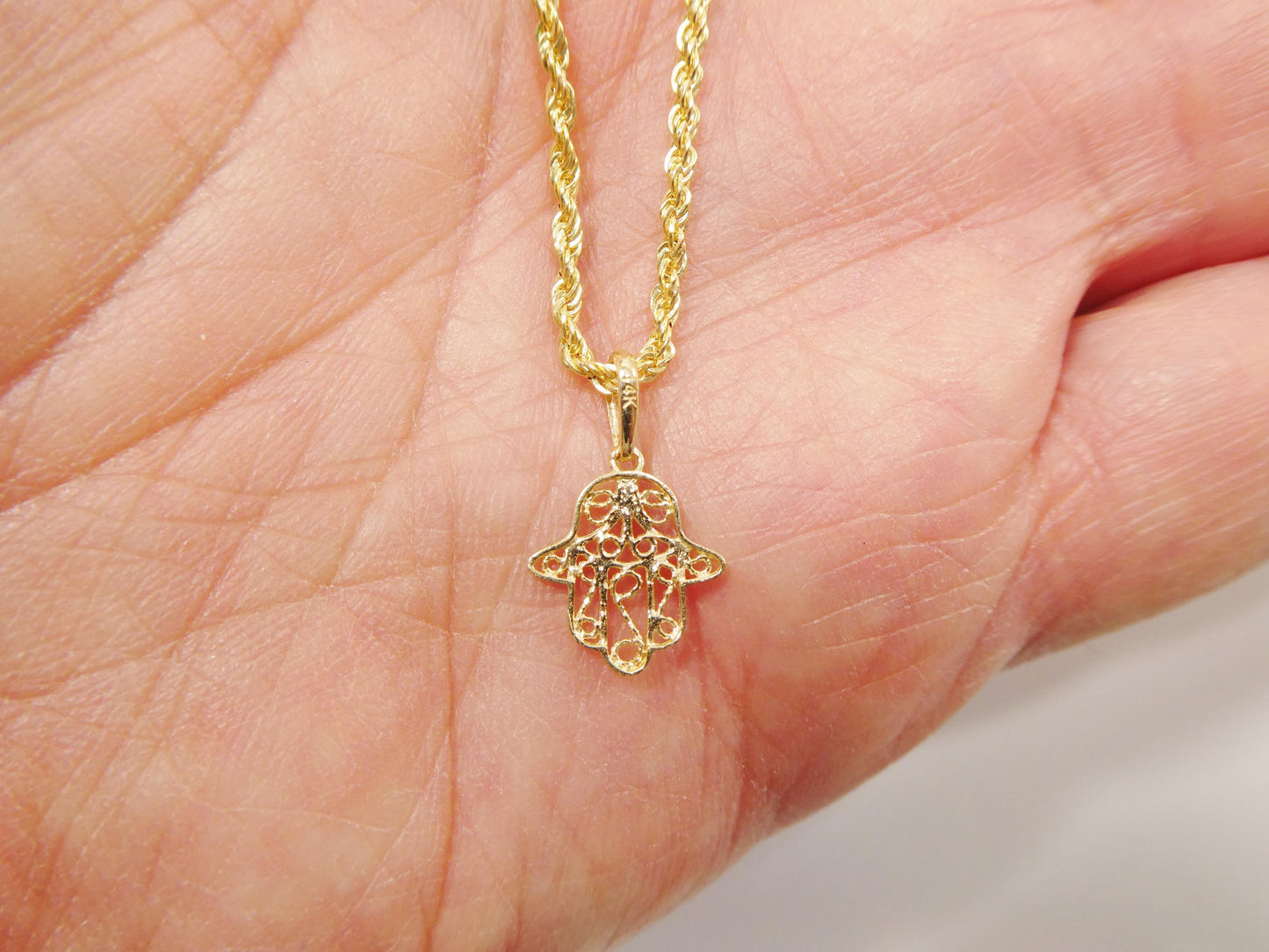 14k real solid yellow gold hand hamsa  pendent and rope necklace